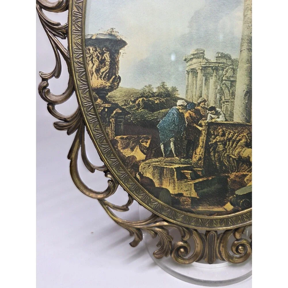 Vintage Italian Metal Oval Picture Frame Wall Hanging Brass Patina 12.5